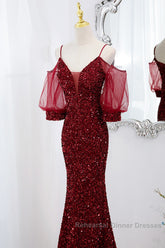 Wine Red Velvet Mermaid Long Party Dress, Wine Red Vekvet Semi Formal Prom Dress